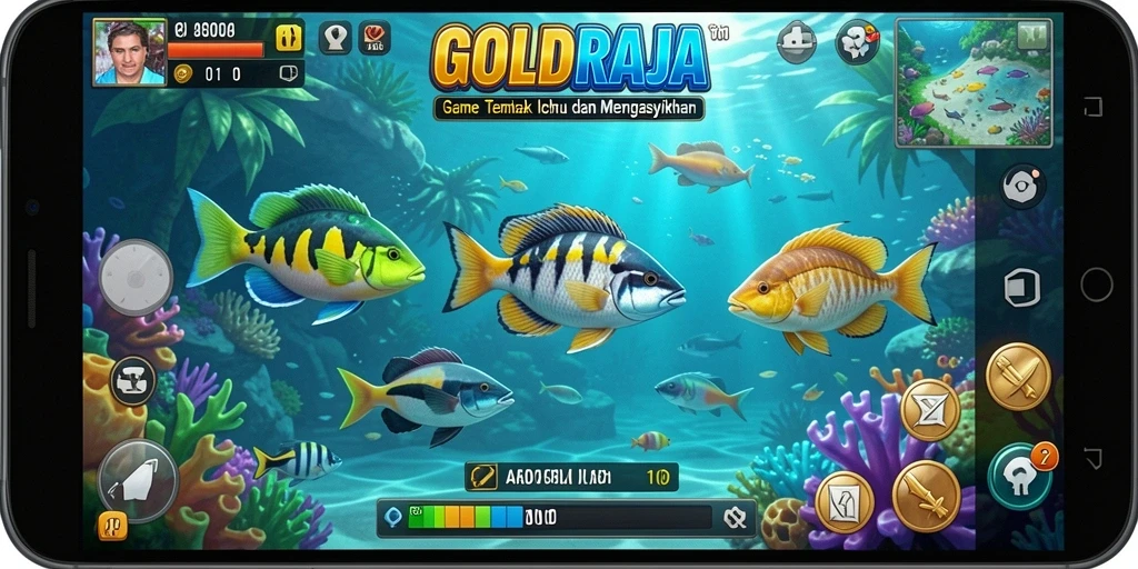 Screenshot gameplay GOLDRAJA menampilkan aksi menembak ikan yang seru.