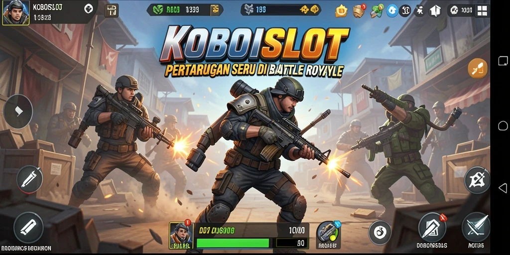 Tangkapan layar utama KOBOISLOT menampilkan aksi intens pertarungan Battle Royale.