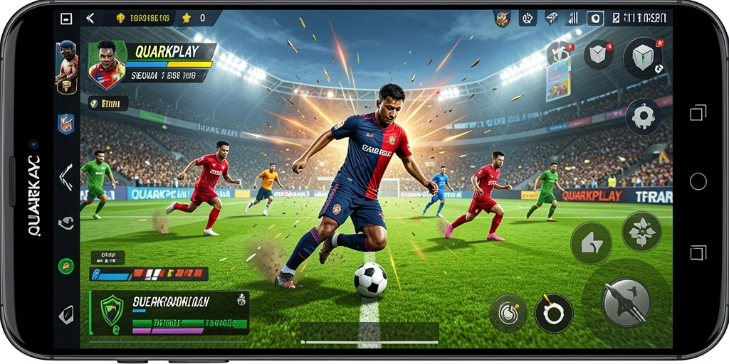 Tangkapan layar dari gameplay QUARKPLAY yang menampilkan aksi sepak bola seru.