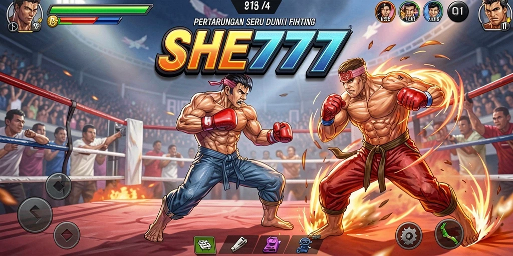 Tampilan gameplay menegangkan dalam pertarungan Fighting di SHE777.