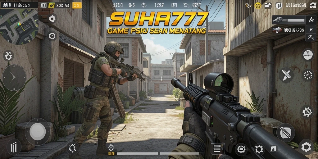 Tangkapan layar gameplay seru SUHU777 menampilkan pertempuran intens di lingkungan yang realistis.